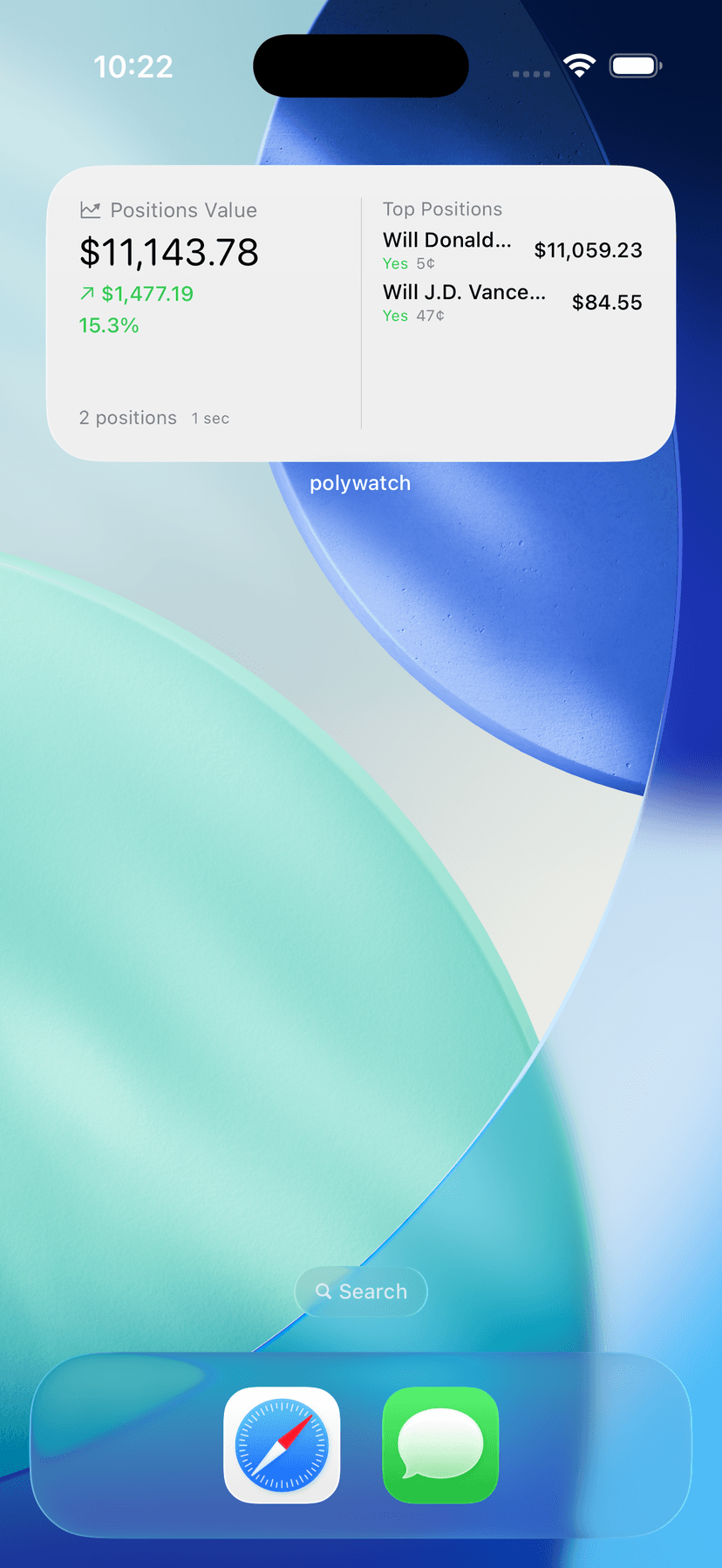 Polywatch Polymarket tracker widget — medium size on Home Screen